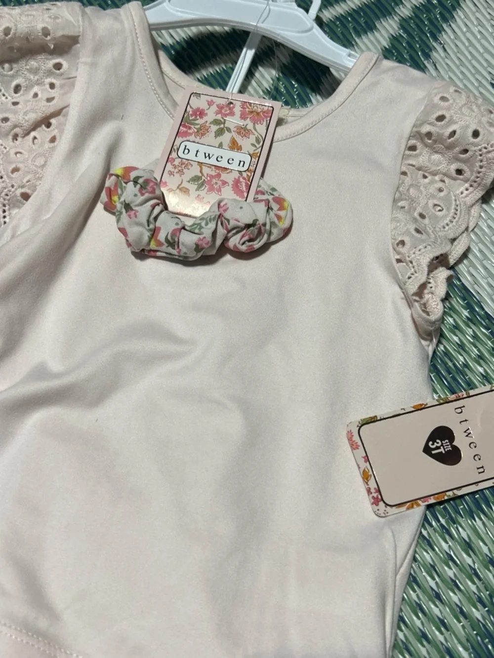 btween Cream Eyelet Sleeve Top with Floral Pajama Pants and Scrunchie